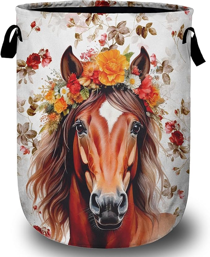 Watercolor Horse Laundry Basket, Foldable Waterproof Animals Floral Laundry by Unknown
