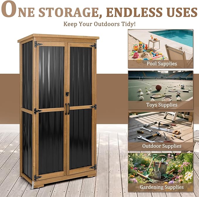 PetsCosset Outdoor Storage Cabinet, Wood & Metal Storage Shed with Weather-Resistant Roof, Removable Shelves, Lockable Doors, Outside Storage Tool Organizer for Garden, Patio, Backyard, Garage, Pool - Image 7