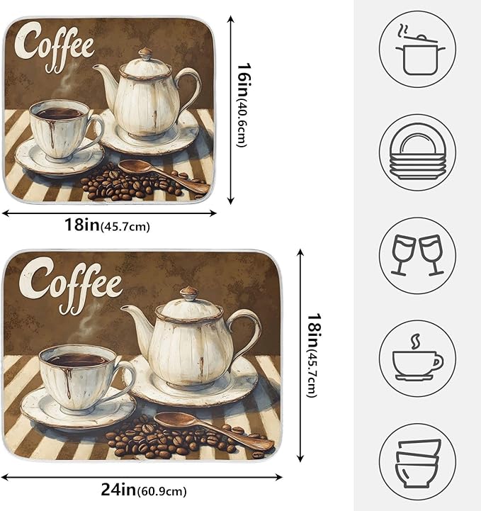 Coffee Themed Dish Drying Mat for Kitchen Counter Absorbent Microfiber Small - Image 2