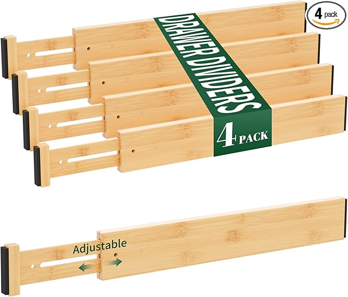 4 Pack Bamboo Drawer Dividers 2.6" High, Adjustable Spring Loaded Clothes by Dunruz