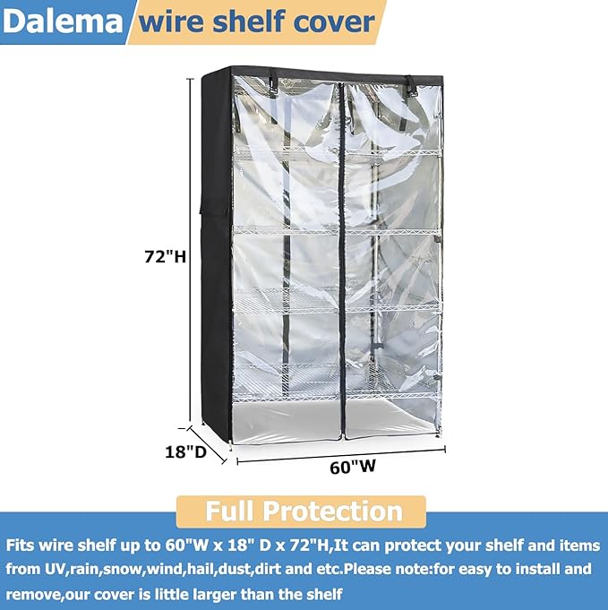 Waterproof Shelf Cover,Outdoor 600D Heavy Duty Dustproof Storage Shelves Cover,60''x18''x72'' Shelf Covers for Wire Shelving with Zippers,Storage Rack Covers with Clear Front - Image 3