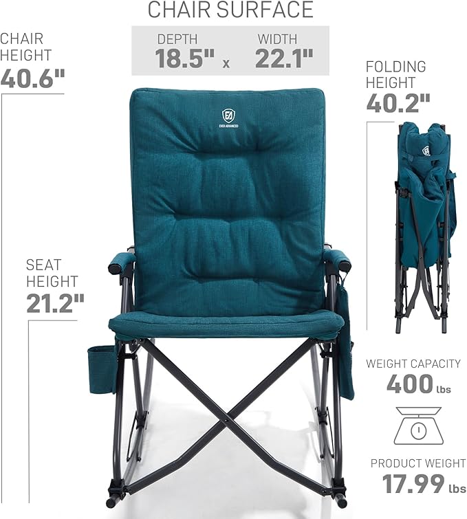EVER ADVANCED Oversized Folding Rocking Camping Chair, Padded Portable Rocker Chair for Patio, Lawn and Outdoors, Heavy Duty Hard Armchair for Adults Supports 400lbs, Green - Image 7