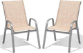 Patio Chairs Set of 2, Easily Set Up Stackable Outdoor Dining Chairs with High Back and Wide Seat, All Weather Breathable Outdoor Chairs Set of 2 with Metal Frame for Backyard Deck Pool, Beige by Dovov