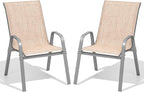 Patio Chairs Set of 2, Easily Set Up Stackable Outdoor Dining Chairs with High Back and Wide Seat, All Weather Breathable Outdoor Chairs Set of 2 with Metal Frame for Backyard Deck Pool, Beige by Dovov