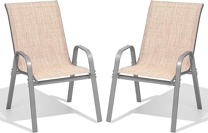 Patio Chairs Set of 2, Easily Set Up Stackable Outdoor Dining Chairs with High Back and Wide Seat, All Weather Breathable Outdoor Chairs Set of 2 with Metal Frame for Backyard Deck Pool, Beige by Dovov