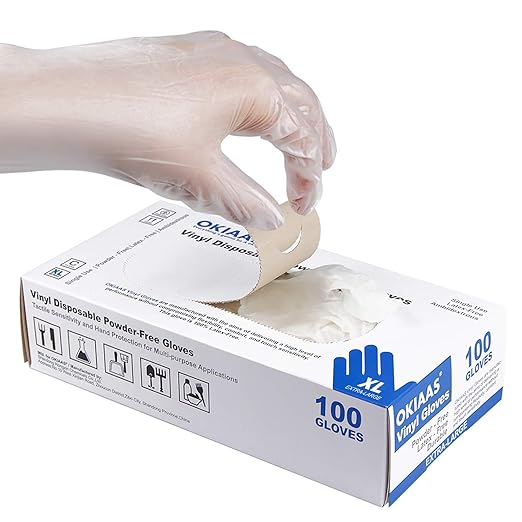OKIAAS Disposable Gloves XL, Food Safe| Latex-Free and Powder-Free Clear Vinyl by OKIAAS