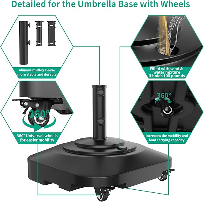 Umbrella Base with Wheels, Umbrella Stand Base Heavy Duty 100lb Windproof, Fillable Umbrella Base Mobile Square Umbrella Stand Outdoor Base for Patio, Deck, Poolside, Lawn, Fits Most Sized Umbrellas - Image 5