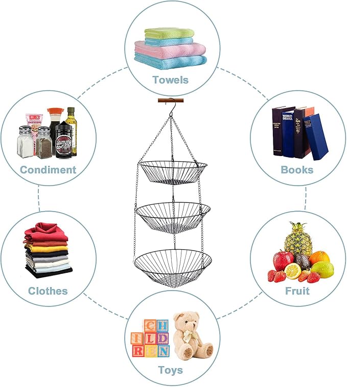 3-Tier Wire Fruit Hanging Basket 2 Packs, non-Punching Wall Hanging Storage - Image 2
