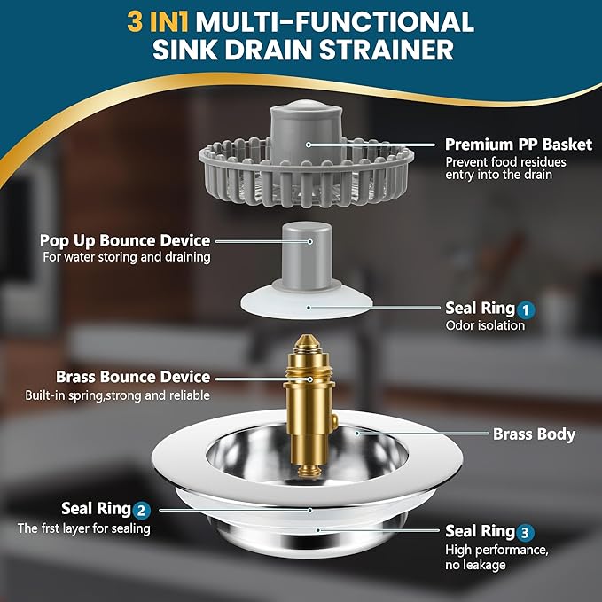 3-in-1 Kitchen Sink Strainer & Stopper, Stainless Steel Finish Pop Up Drain - Image 6