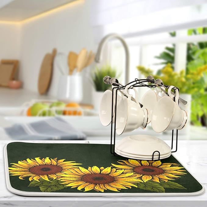 ALAZA Sunflower with Leaves On Dark Dish Drying Mat - Image 5