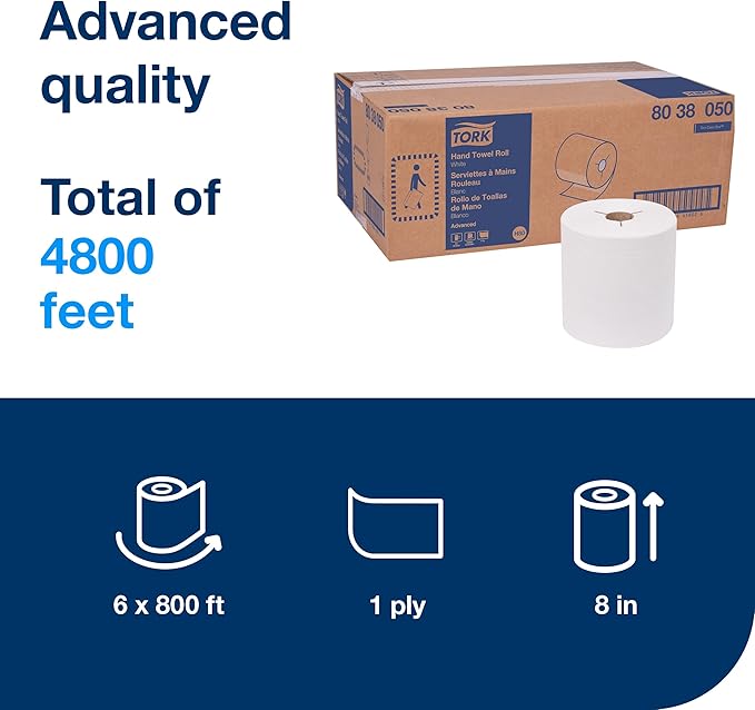 Tork Paper Hand Towel Roll White H80, High Absorbency, 6 Rolls x 800 ft - Image 2