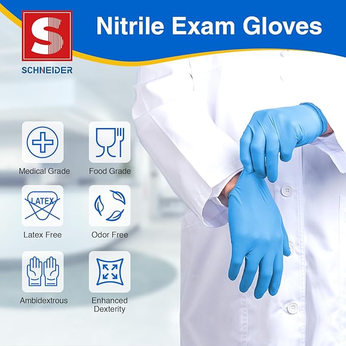 Schneider Nitrile Exam Gloves, Medical Grade Blue Disposable Gloves Latex Free - Image 2