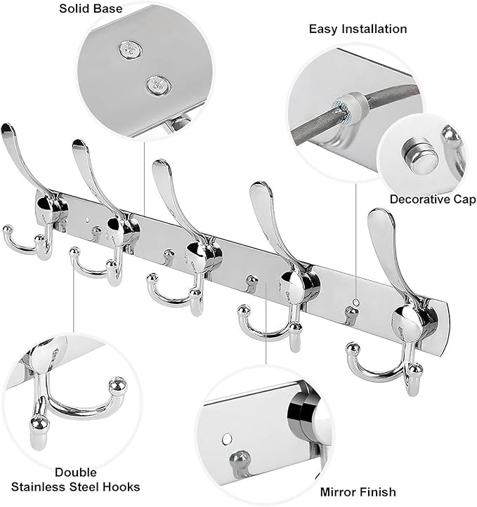 Wall Mount Coat Hook, 2 Pack 15 Hooks Stainless Steel Coat Hangers Rack Robe - Image 3