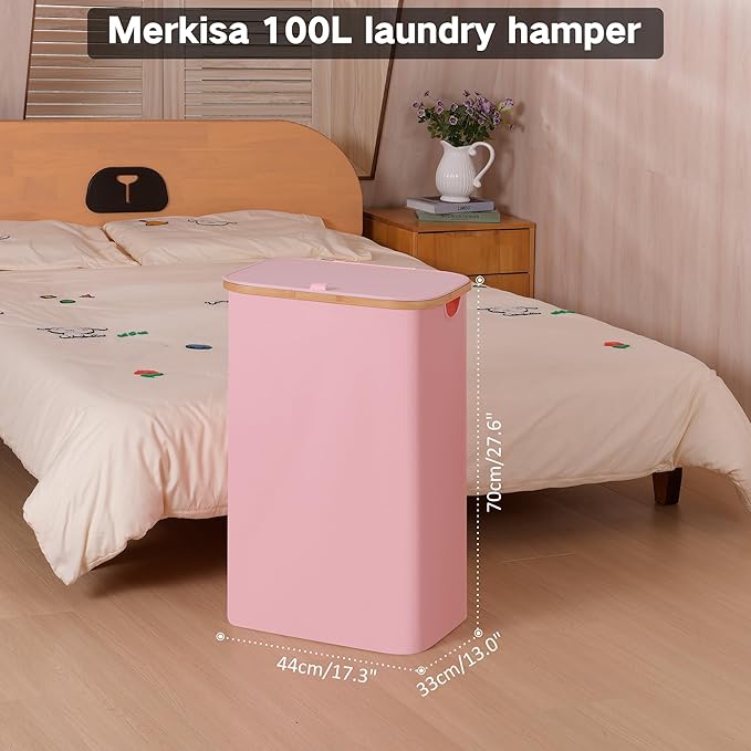 100L Laundry Hamper with Lid, Lagre Basket with Bamboo Handles, Foldable - Image 2