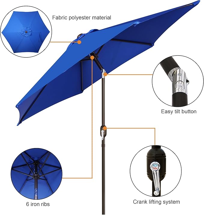 Blissun 7.5 ft Patio Umbrella, Yard Umbrella, Outdoor Market Umbrella with Push Button Tilt Crank, Royal Blue - Image 2