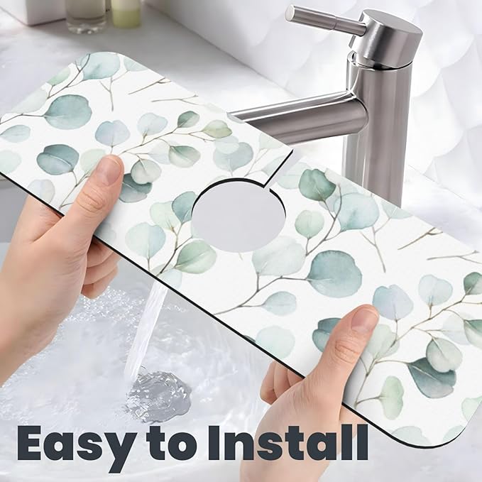 Sage Green Leaves Watercolor Branch Plant Kitchen Sink Splash Guard Faucet Mat - Image 6