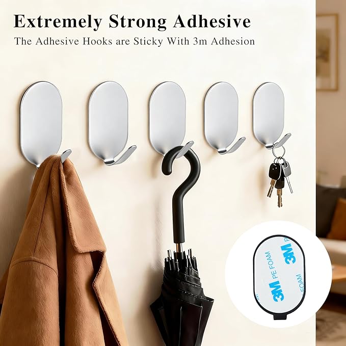 Sticky Adhesive Hooks for Hanging, Key Hooks, Stainless Steel Wall Hooks - Image 2