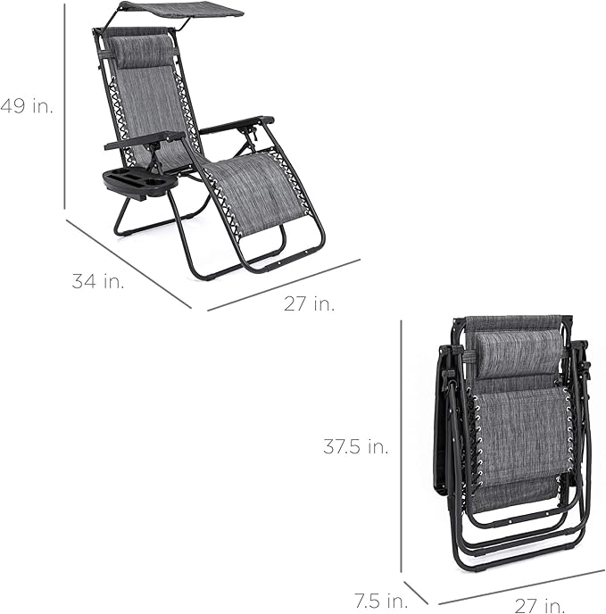 Best Choice Products Folding Zero Gravity Outdoor Recliner Patio Lounge Chair w/Adjustable Canopy Shade, Headrest, Side Accessory Tray, Textilene Mesh - Gray - Image 3