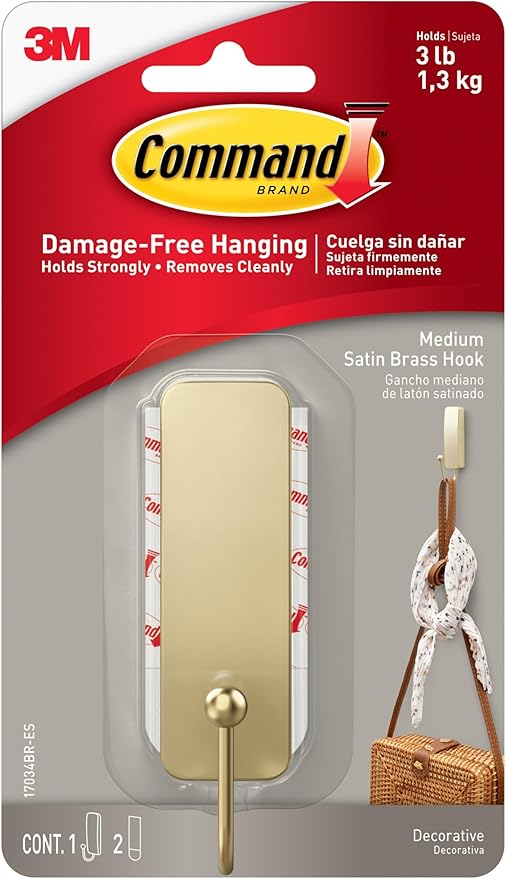 Command Medium Satin Brass Hooks, 1 Hook and 1 Strip, Damage-Free Hanging Wall by Command