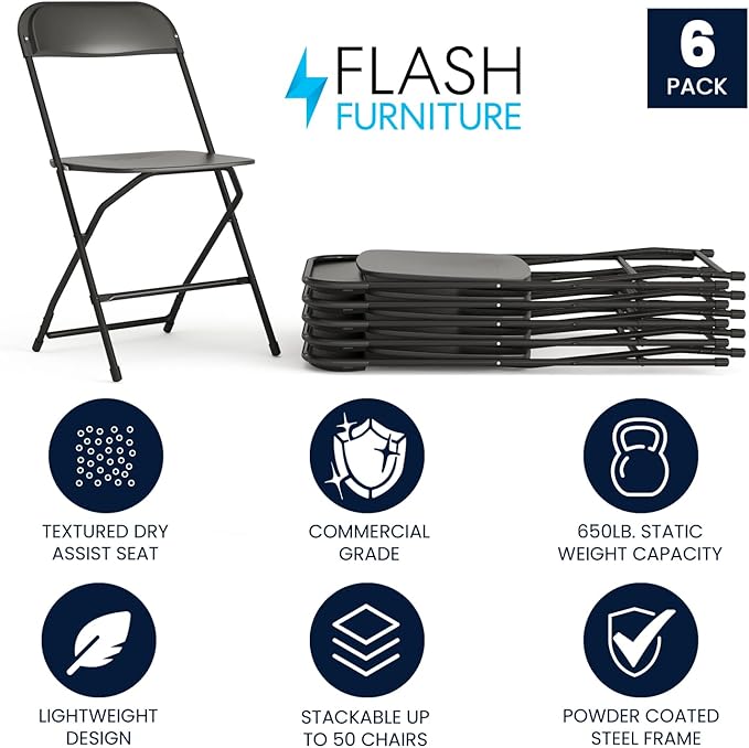 Flash Furniture Hercules Series Plastic Folding Chairs for Parties and Weddings, Stackable Commercial Event Seats with 650-lb. Static Weight Capacity, Set of 6, Black - Image 3