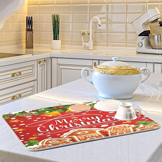 Christmas Gingerbread Holly Berry Santa Bell Dish Drying Mat - Image 6