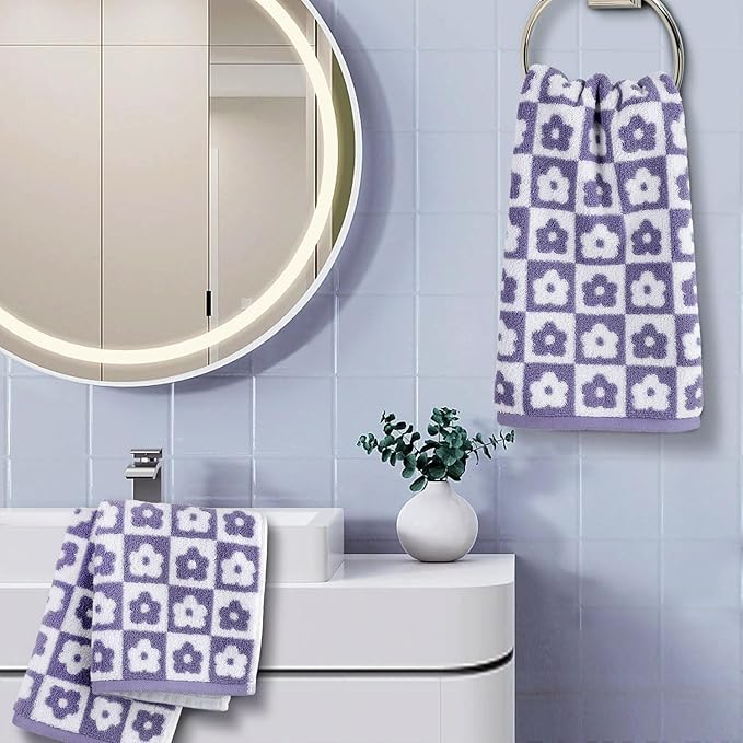 Jacquotha Cotton Hand Towels Lilac Checkered Floral - Image 3