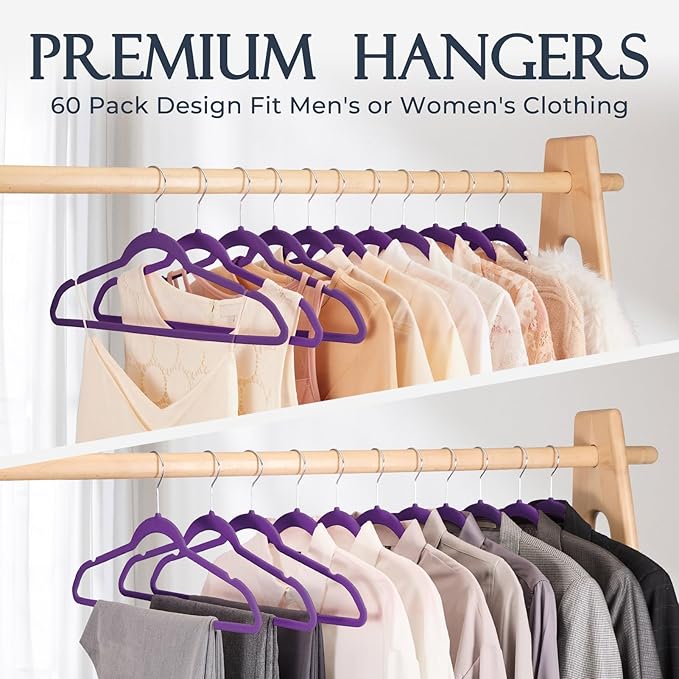 HOUSE DAY Noble-Purple Velvet Hangers 60 Pack, Non Slip Clothes Felt Hanger - Image 8