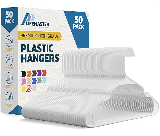 LifeMaster 50 Pcs. Lightweight White Plastic Clothes Hangers Set by LIFEMASTER