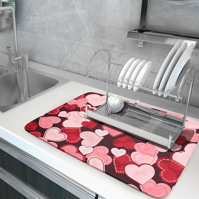 Valentines Day Dish Drying Mat for Kitchen Pink Red Hearts Absorbent Reversible - Image 5