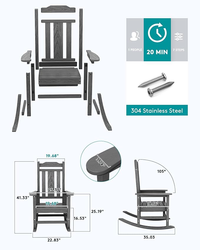 SERWALL Outdoor Rocking Chair Gray Set of 8, All Weather Patio Rocking Chair, HDPE Poly Rocking Chair for Adults, Heavy Duty Front Porch Rocker - Image 4