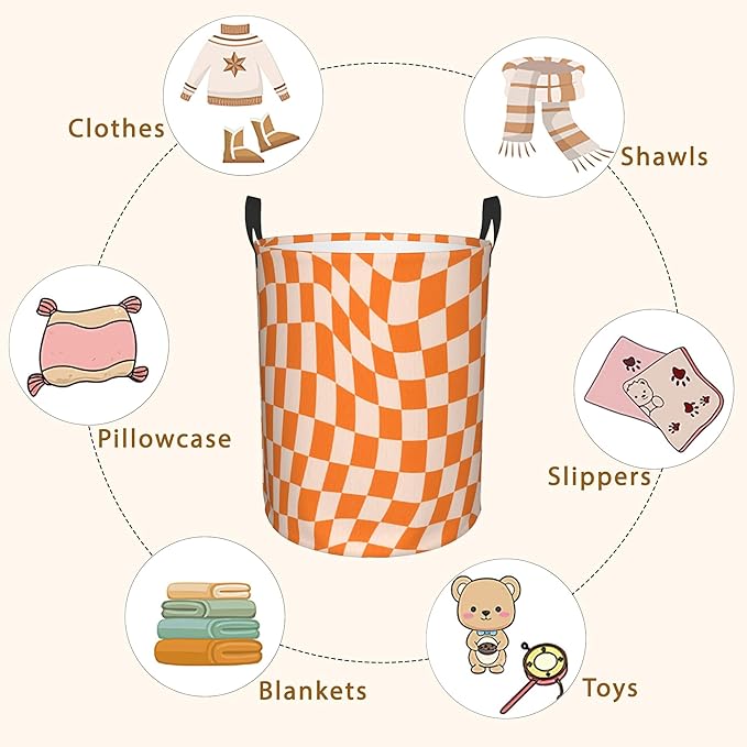 Groovy Retro Wavy Checkered Orange Laundry Basket, Waterproof Foldable Laundry - Image 7