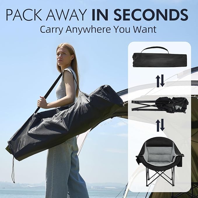 Oversized Camping Chairs for Adults - Heavy Duty Padded Outdoor Folding Lawn XL Camp Chair with Cup Holder Cooler Pockets for Outside Sports Beach Fishing Garden Portable Supports 500lbs, Black - Image 6
