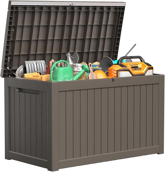 280 Gallon Resin Deck Box, Lockable Patio Outdoor Storage Box for Furniture, Garden Tools and Tools Storage, Waterproof Outside Storage Boxes - Grey - Image 2