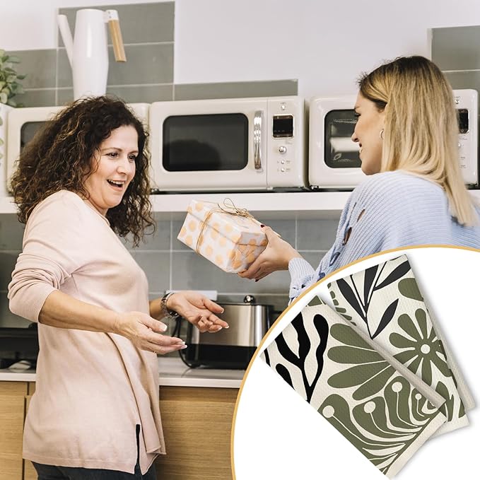 Abstract Green and Black Boho Floral Kitchen Towels Set of 2, 70s Retro Groovy - Image 5