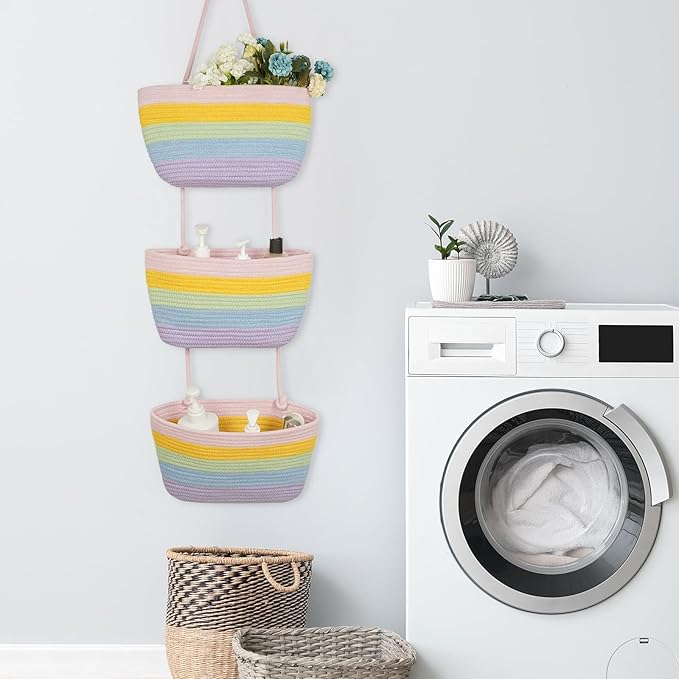 TeoKJ Over the Door Organizer, 3-Tier Woven Cotton Hanging Storage Baskets - Image 8