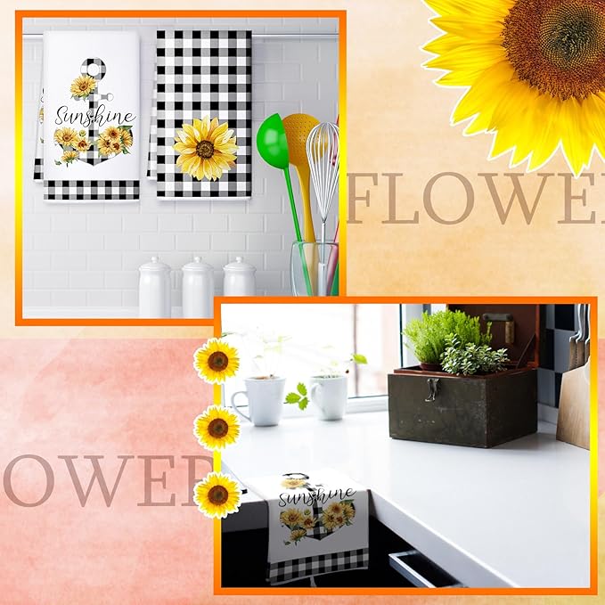 Bencailor 4 Pcs Sunflower Kitchen Towels Flower Hand Dish Towels Black and - Image 7