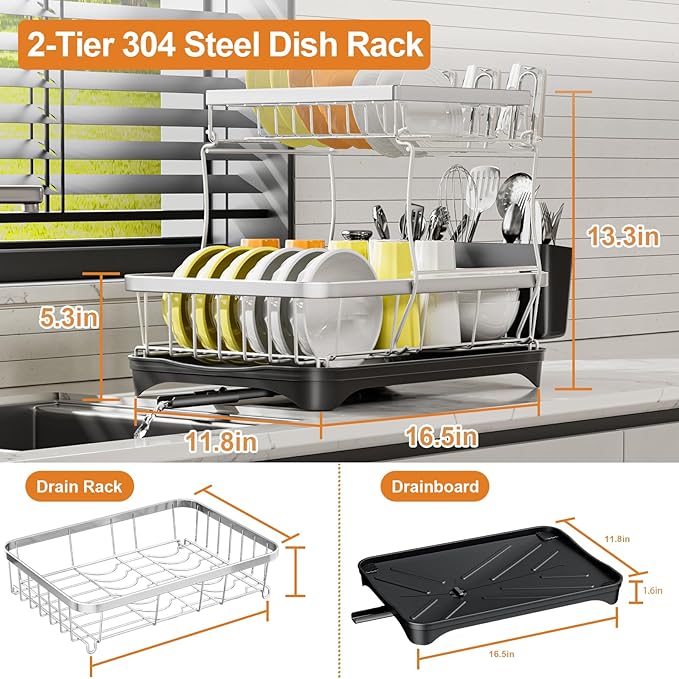 Dish Drying Rack Kitchen 2-Tier 304 Stainless Steel Dish Racks - Image 3