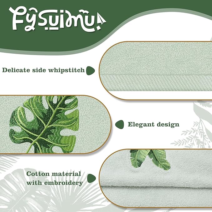 3Pcs Sage Green Gradient Hand Towels Tropical Palm Leaves Embroidered Cotton - Image 3