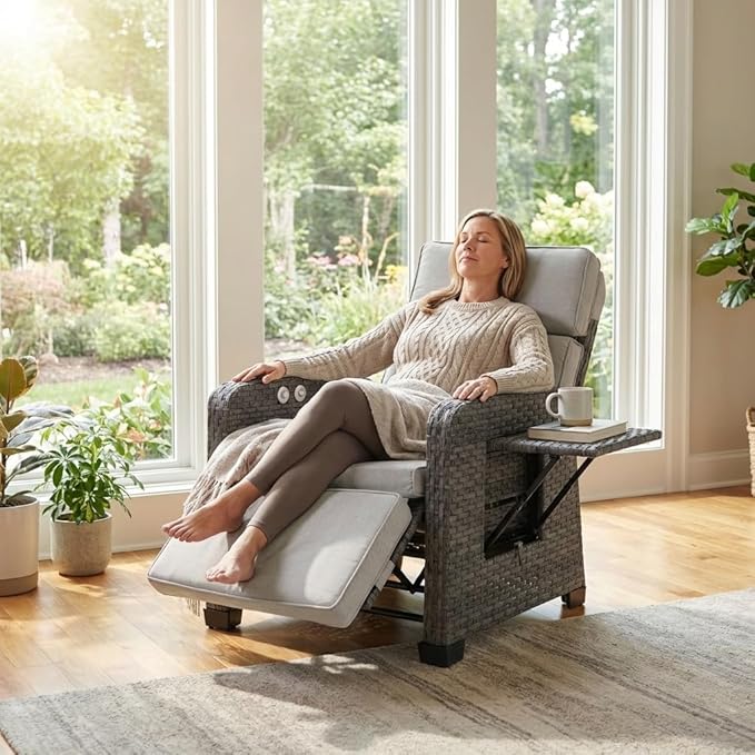Restland Outdoor Recliner with Independent Adjustable Back & Footrest Wicker Patio Reclining Chair with Flip Table Comfortable Lounge Chair & Thick Cushion for Deck, Porch (Grey) - Image 4