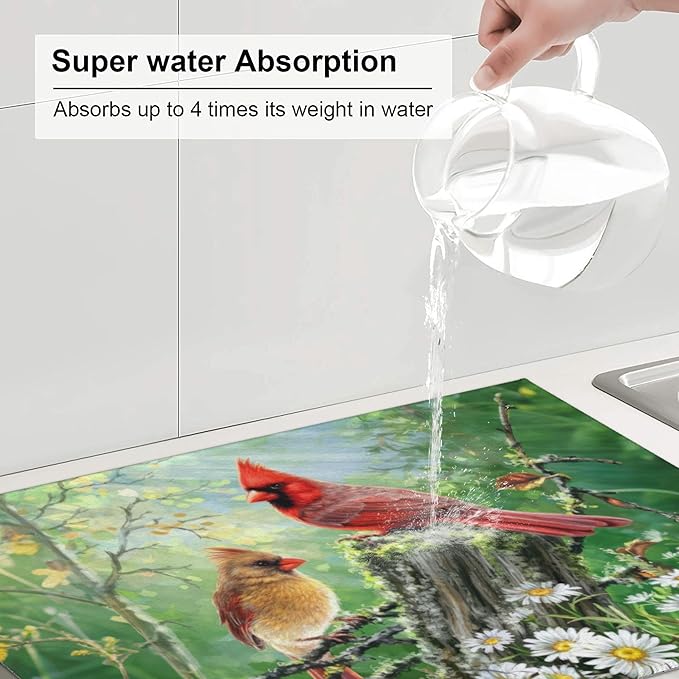 Red Bird Dish Drying Mats for Kitchen Counter, Absorbent Reversible Microfiber - Image 5