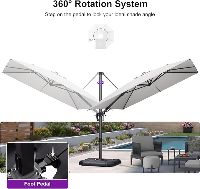 PURPLE LEAF 9' X 12' Right-left Tilt Patio Umbrella with Base Outdoor Cantilever Swivel Rectangle Umbrella Aluminum Offset Umbrella with 360-degree Rotation for Garden Deck Pool Patio White - Image 7
