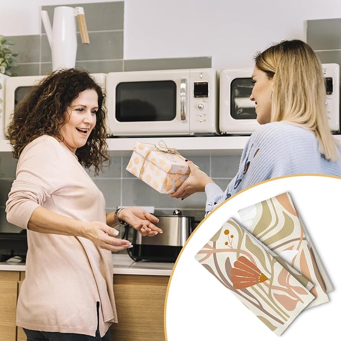 Abstract Boho Beige and White Floral Kitchen Towels Set of 2, 70s Retro Groovy - Image 5