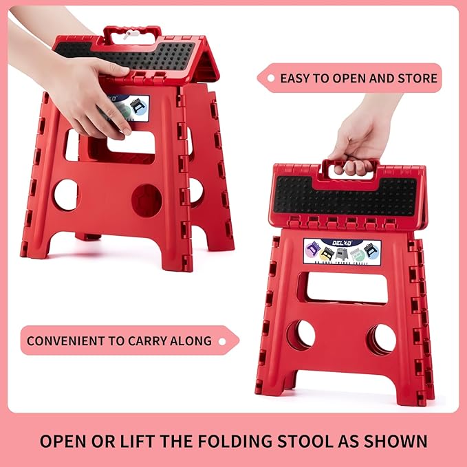 Delxo Folding Step Stool,Non-Slip Stool 13 inch Height Premium Heavy Duty Foldable Stool for Kids and Adults,Kitchen Garden Bathroom Steppingstool 1 Pack in Red,Dotted Texture - Image 7