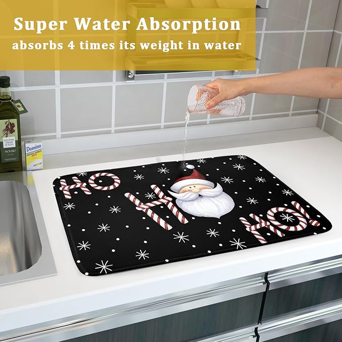 Giwawa Santa Laugh Dish Drying Mat Winter Snowflakes Black Dish Drainer Mats - Image 7