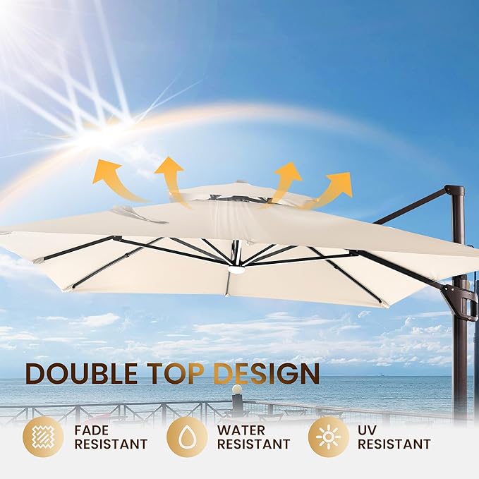 10 X 13 FT Cantilever Patio Umbrella with LED Lights Outdoor Heavy Duty Double Top Windproof Rectangle Offset Umbrellas with 360-degree Rotation for Pool Deck Backyard, Beige - Image 8