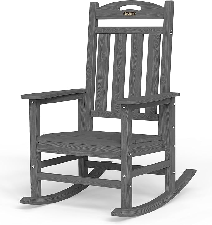 Oversized Outdoor Rocking Chair, HDPE All Weather Resistant Patio Rocking Chair, High Back Porch Rocking Chair, 380lbs Weight Capacity, Dark Grey by Suunyn