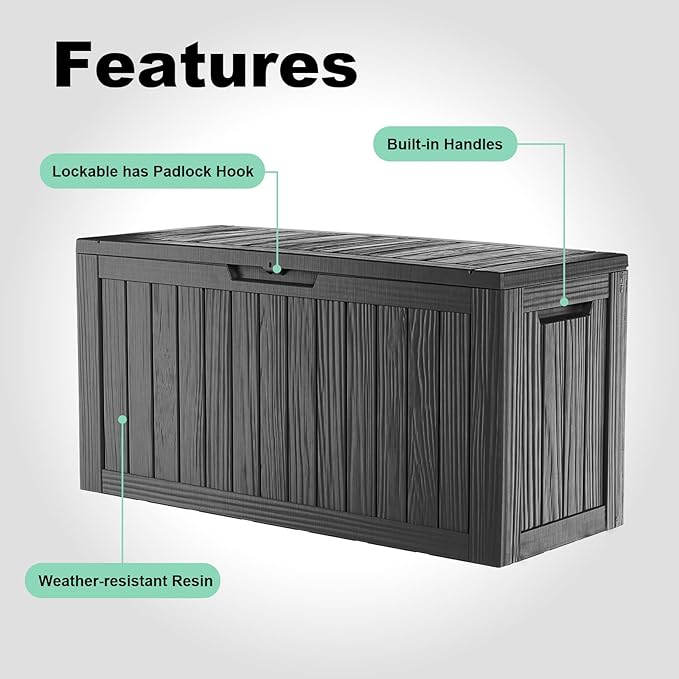 ROJIK Outdoor Storage Housing Deck Box - Waterproof Patio Furniture, Garden Tools, Cushions, Pool Accessories Storage Bench with Lockable Lid and Side Handles (Black 88 Gal) - Image 4