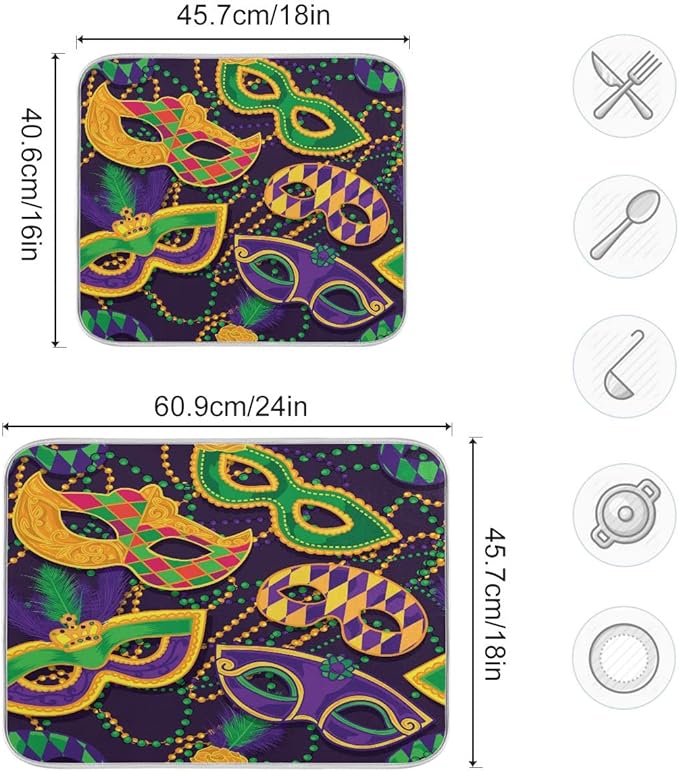 Mardi Gras Dish Drying Mat for Kitchen Mask Beads Confetti Masquerade Party - Image 3