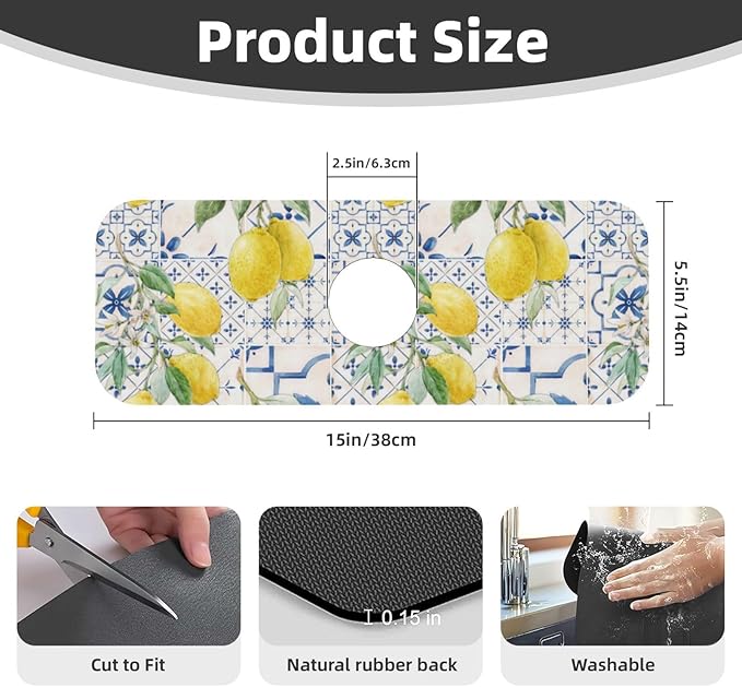 Lemon Mexican Blue Tilt Kitchen Sink Splash Guard Faucet Mat 1 Pcs, Absorbent - Image 2