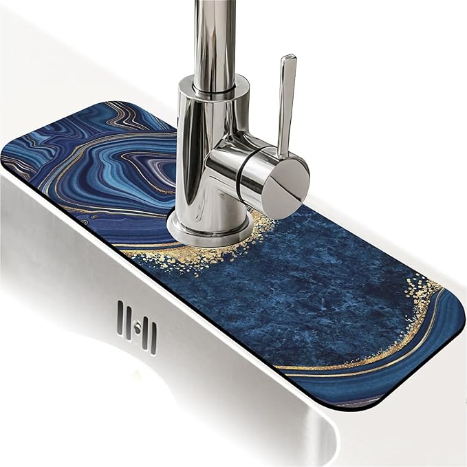 Kitchen Sink Splash Guard，Dark blue gold marble Faucet Mat Sink Gadgets-Super by ZHUZHISHAN